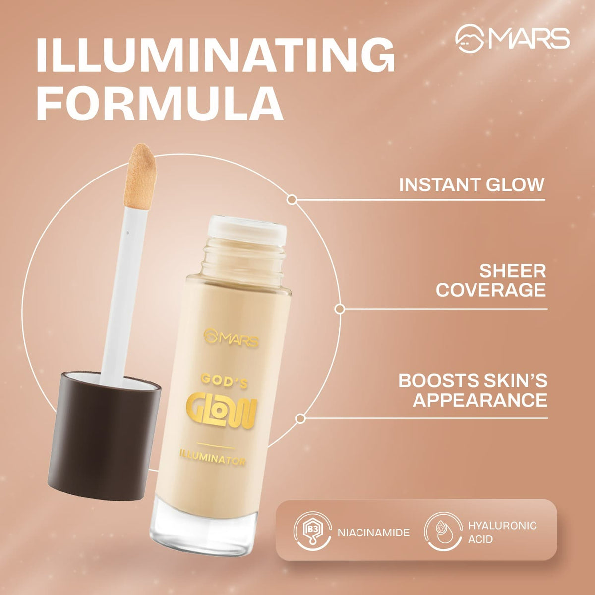 MARS God's Glow Illuminator Highlighter (30ml) (01-VANILLA) | Hyaluronic Acid, Green Tea & Rosemary Extract | Sheer Coverage