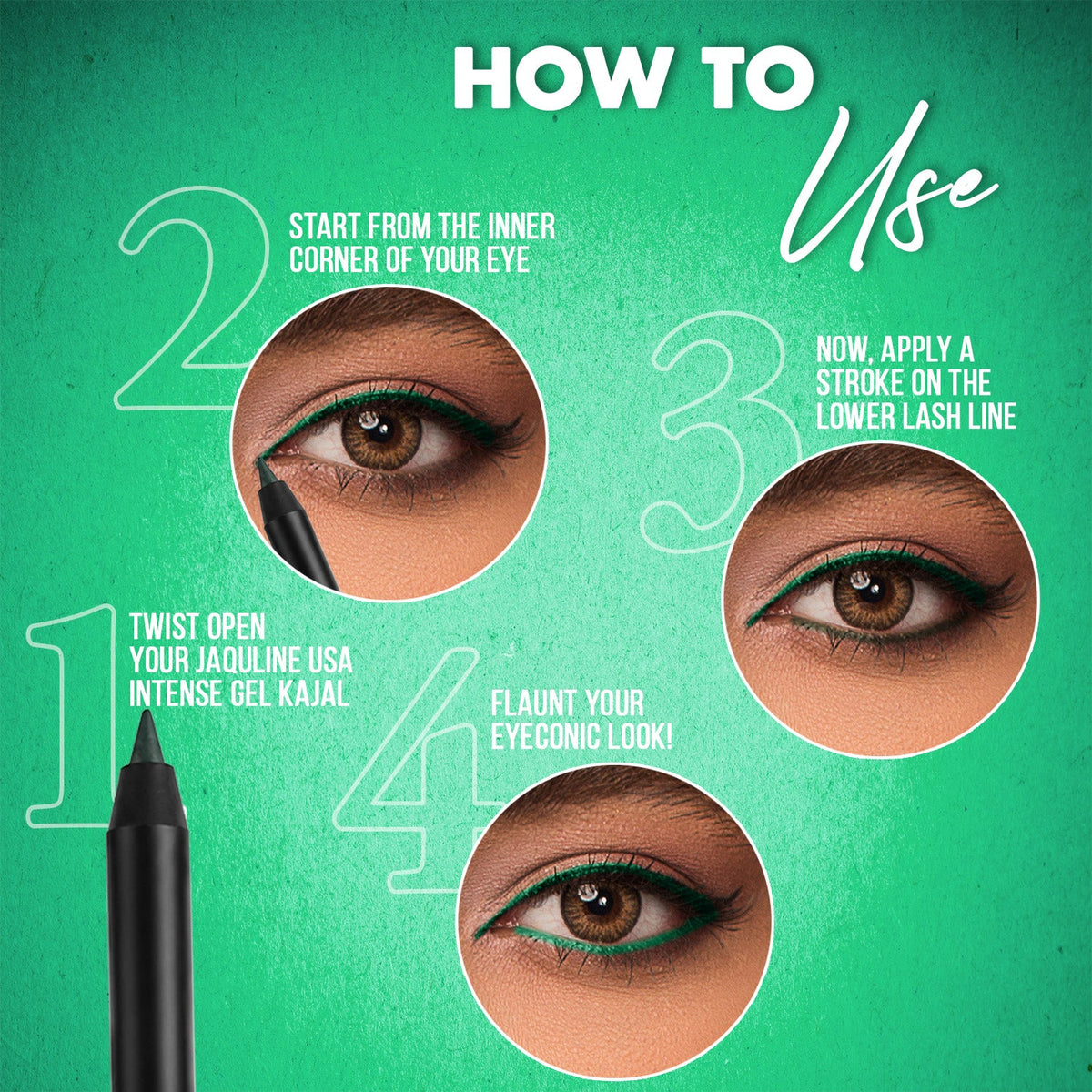 Jaquline USA Pro Stroke Intense Gel Kajal Jade Green 1.2 g |Smudge Proof |Long Lasting |Waterproof| Enriched with Vitamin E