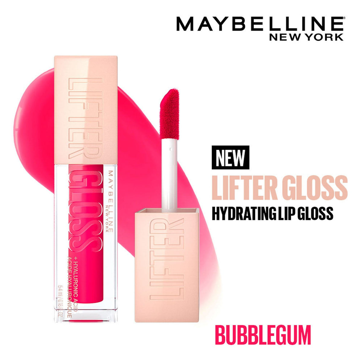 Maybelline New York Lifter Gloss, Hydrating Lip Gloss, Bubblegum, 5.4 ml