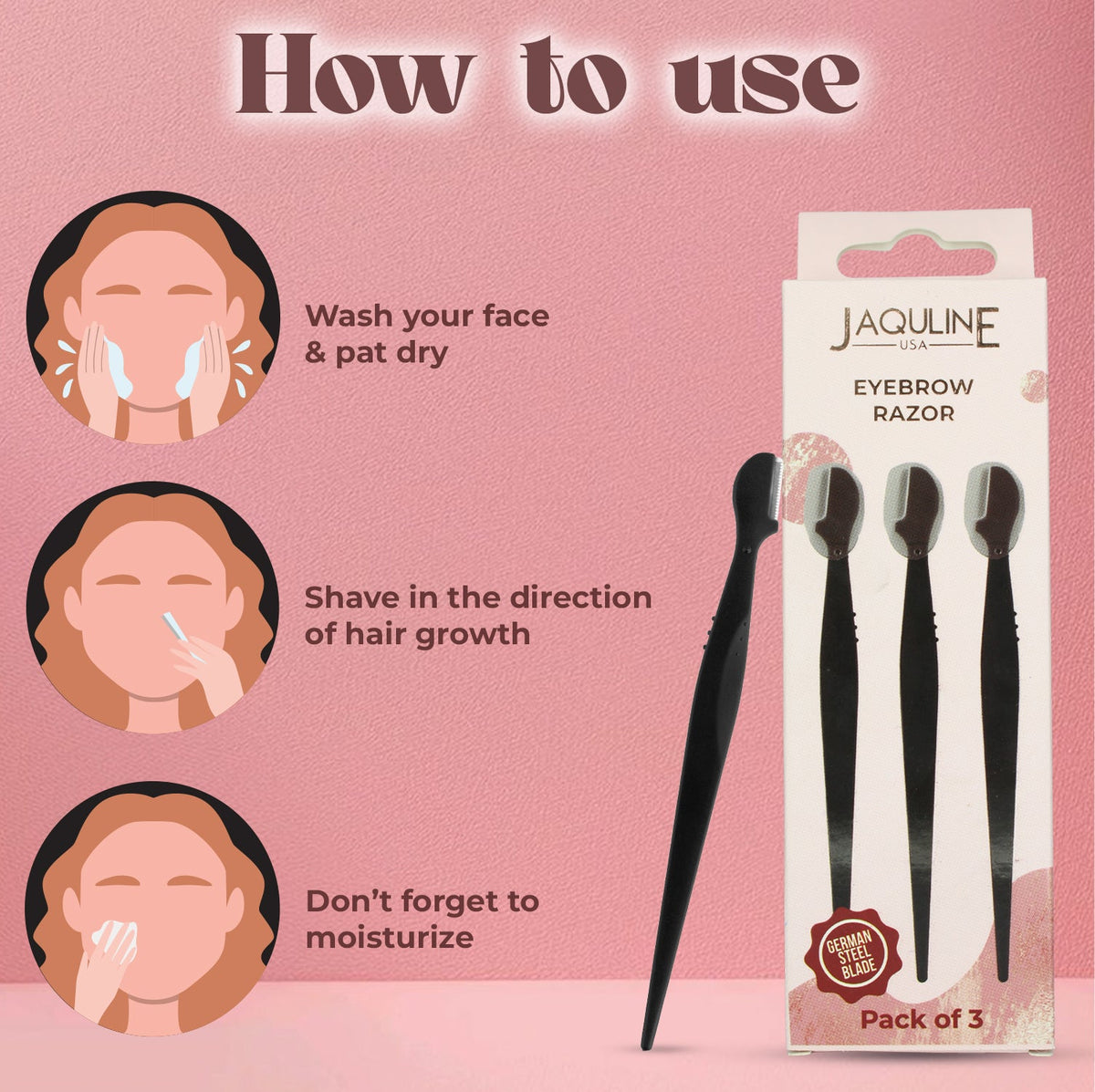 JAQULINE USA Eyebrow Razor for Women, Dermaplaning Tool for Smooth Skin, Pack of 3