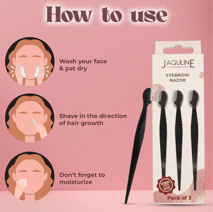 JAQULINE USA Eyebrow Razor for Women, Dermaplaning Tool for Smooth Skin, Pack of 3