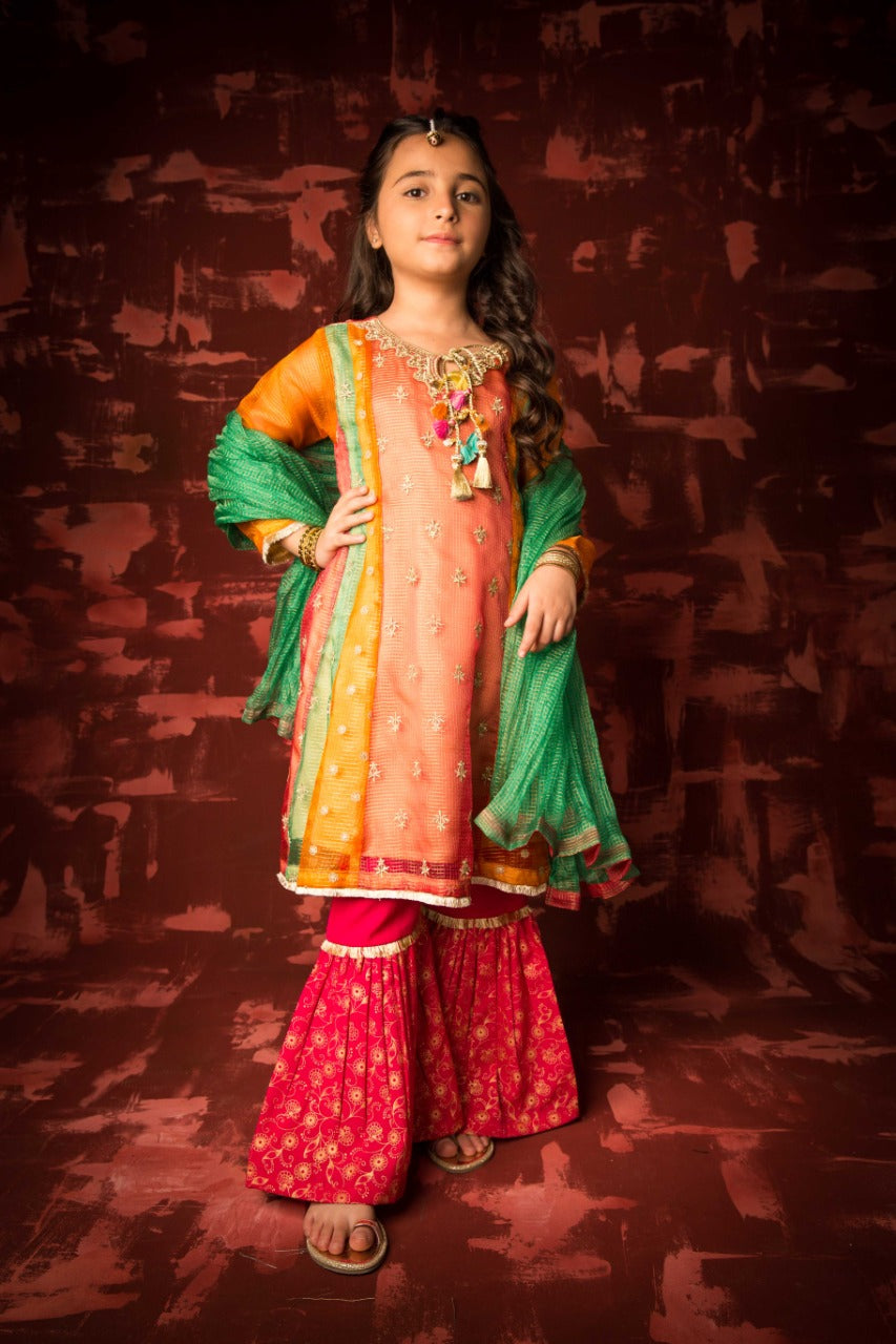 Komal's KDD-01320 | Shocking Pink & Multicolor | Formal 3 Piece Suit | Banarsi Masuri