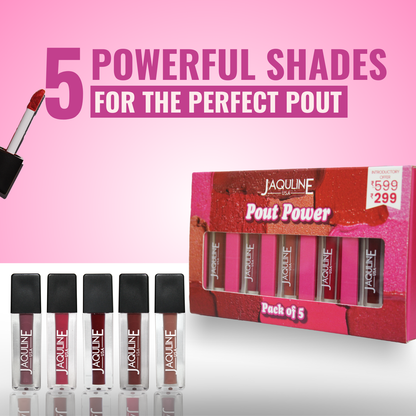Jaquline USA Pout Power Set of 5 Liquid Lipstick | Waterproof | Smudge Proof | Transfer Proof |Long Lasting | Hydrating & Lig