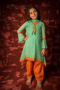 Komal's KDD-01317 | Sea Green & Orange | Formal 3 Piece Suit | Polyester Crinkle