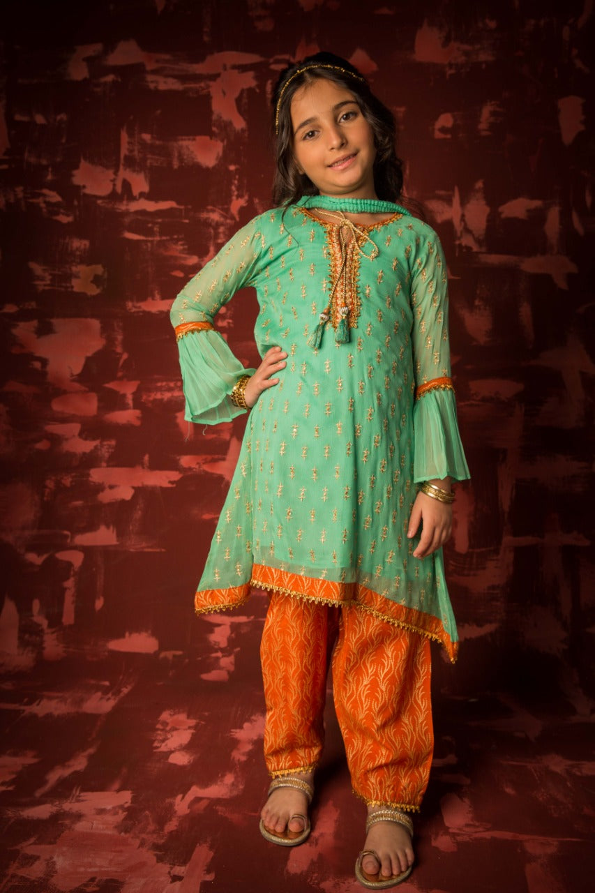 Komal's KDD-01317 | Sea Green & Orange | Formal 3 Piece Suit | Polyester Crinkle