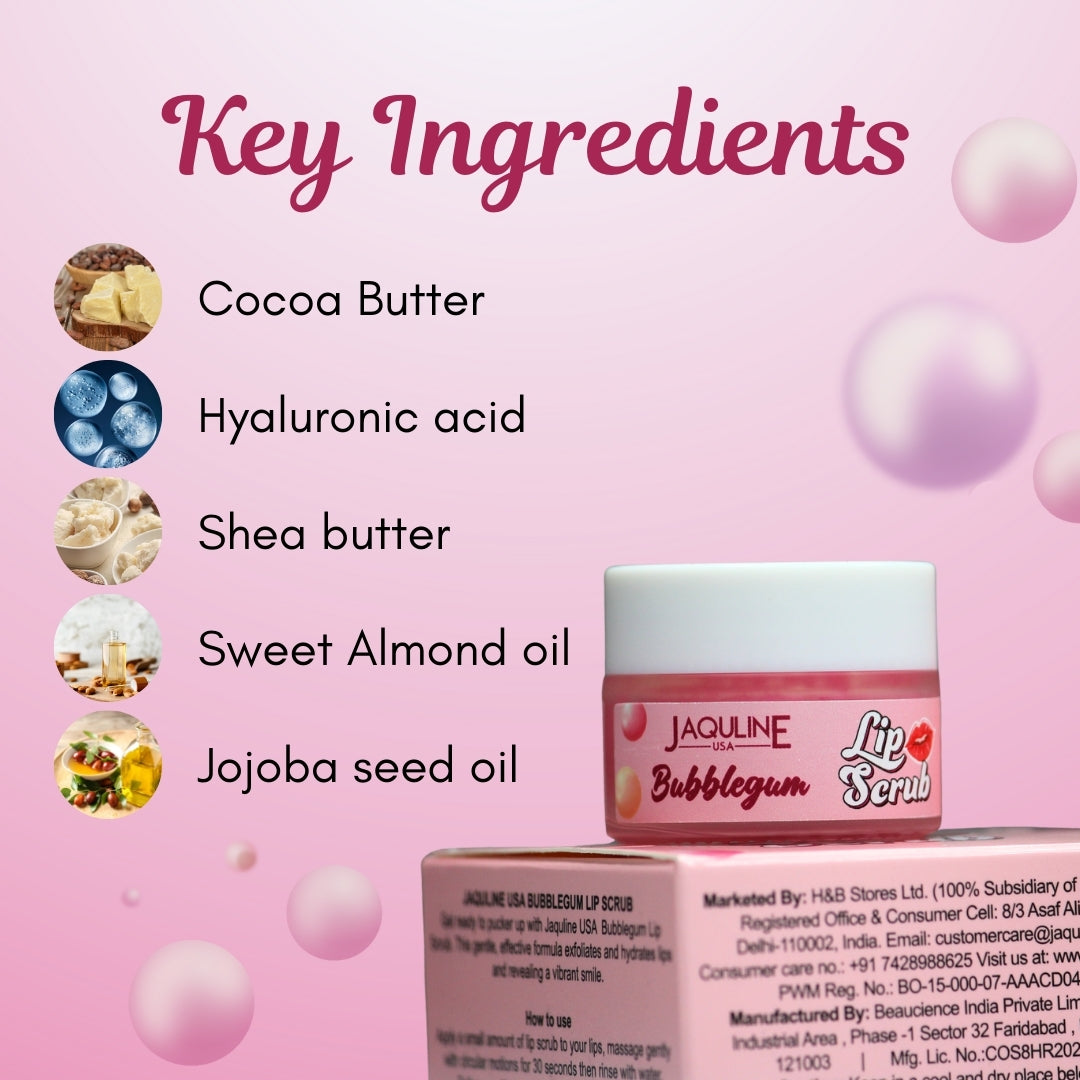 Jaquline USA Bubblegum Lip Scrub |Provides Deep Hydration |Exfoliates Dead Skin |Plumping & Hydration| Repair & Restores Lips