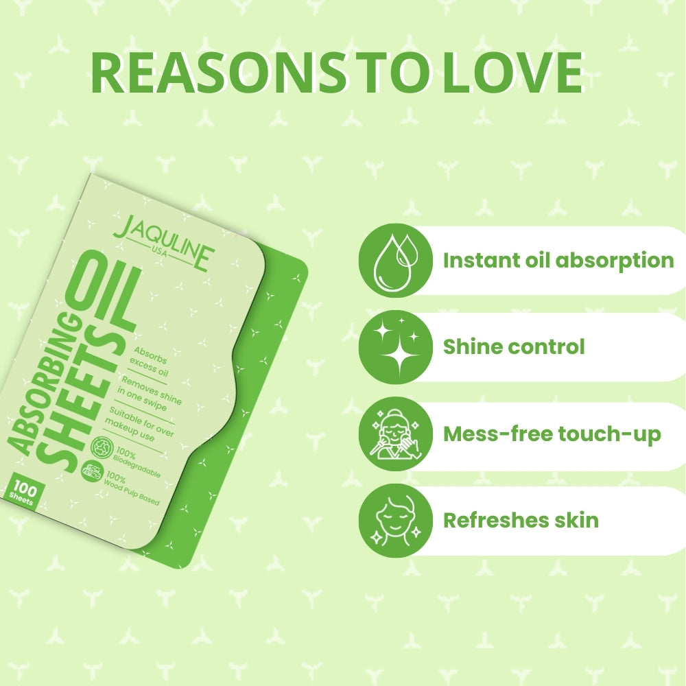 Jaquline USA Green Oil Absorbing Sheets 100N - Instant Oil Control Blotting Paper for Face, Gentle on Skin, Travel Friendly, 