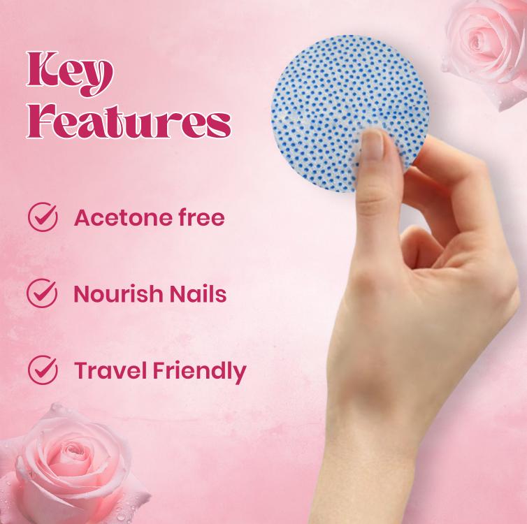 JAQULINE USA Rose Nail Polish Remover Pads | Acetone-Free Nail Paint Remover Wipes | With Vitamin E, Aloe Vera & Olive Oil | 
