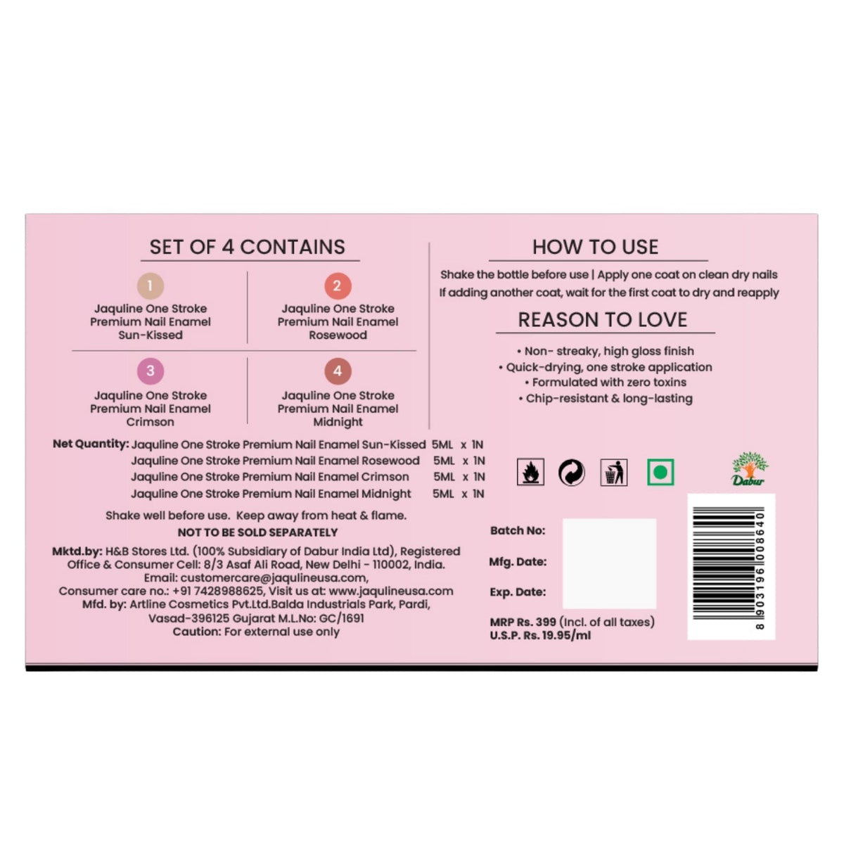 Jaquline USA One Stroke 4 In 1 Nail Kit, Long Lasting, Chip Resistant, Vegan, Quick Dry & Cruelty-Free Glossy Finish Nail Pai