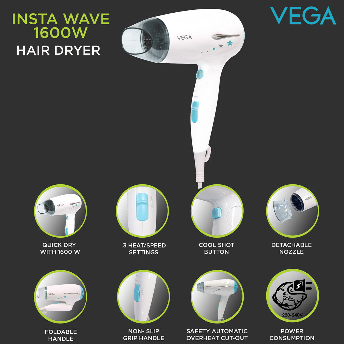 Vega Insta Wave 1600w Powerful & Foldable Hair Dryer with Cool Shot (VHDH-22), White