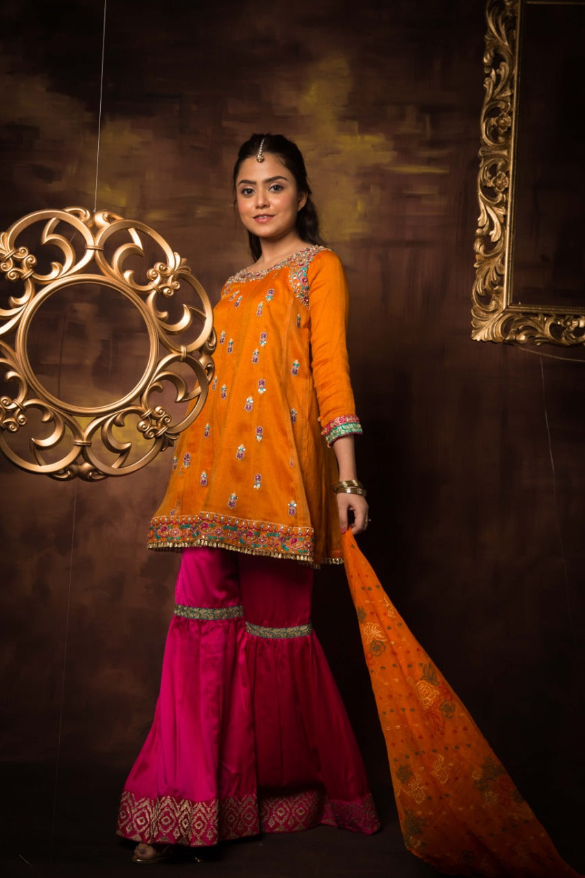 Komal's GDD-01029 | Orange & Shocking Pink | Formal 3 Piece Suit | Banarsi Net