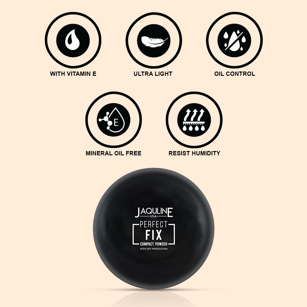 Jaquline USA Perfect Fix Long Wear Compact Powder with Silky Smooth Finish & Matte Effect - Ivory01 (9g)