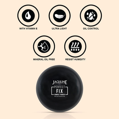 Jaquline USA Perfect Fix Long Wear Compact Powder with Silky Smooth Finish & Matte Effect - Ivory01 (9g)