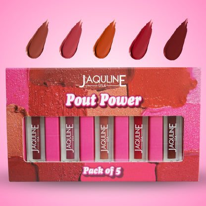 Jaquline USA Pout Power Set of 5 Liquid Lipstick | Waterproof | Smudge Proof | Transfer Proof |Long Lasting | Hydrating & Lig