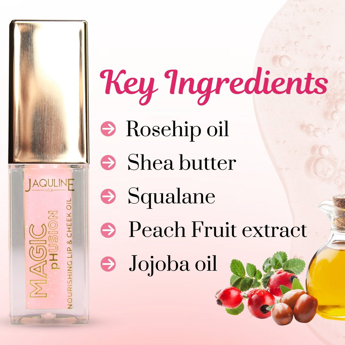 Jaquline USA Magic Phusion lip & Cheek oil, Long Lasting Nourishment Non-Sticky & glossy Heals & Moisturizes Lips Shining Sta