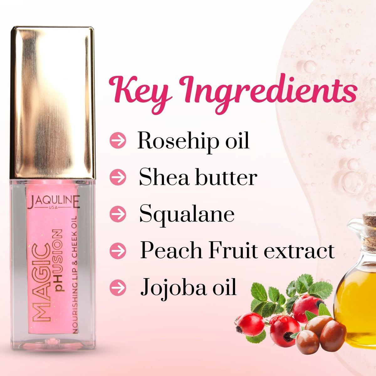 Jaquline USA Magic Phusion lip & Cheek oil, Long Lasting Nourishment Non-Sticky & glossy Heals & Moisturizes Lips Rose Razzle