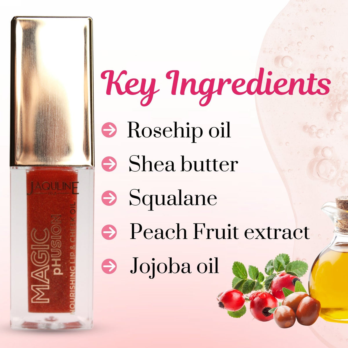 Jaquline USA Magic Phusion lip & Cheek oil, Long Lasting Nourishment Non-Sticky & glossy Heals & Moisturizes Lips Coral Cosmi
