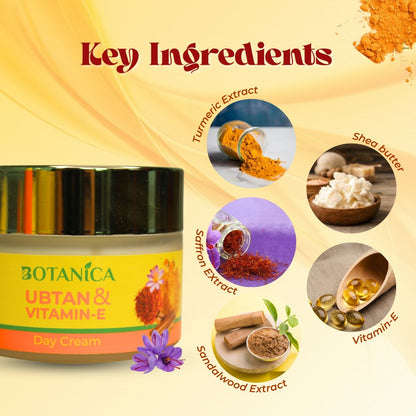 BOTANICA Ubtan & Vitamin E Day Cream 50 - Lightweight, Skin Brightening Cream, Infused with Saffron and Sandalwood Extract, 5