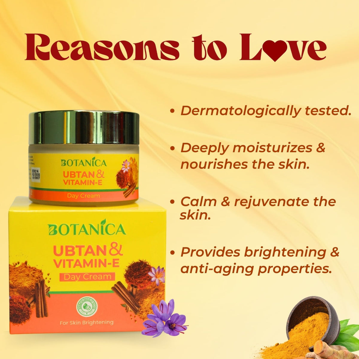 BOTANICA Ubtan & Vitamin E Day Cream 50 - Lightweight, Skin Brightening Cream, Infused with Saffron and Sandalwood Extract, 5