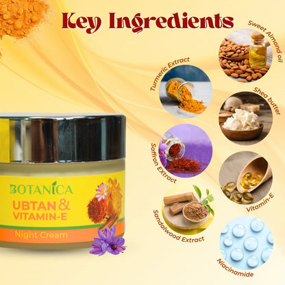 BOTANICA Ubtan & Vitamin E Night Cream - Lightweight, Skin Brightening Cream, Infused with Niacinamide and Sandalwood Extract
