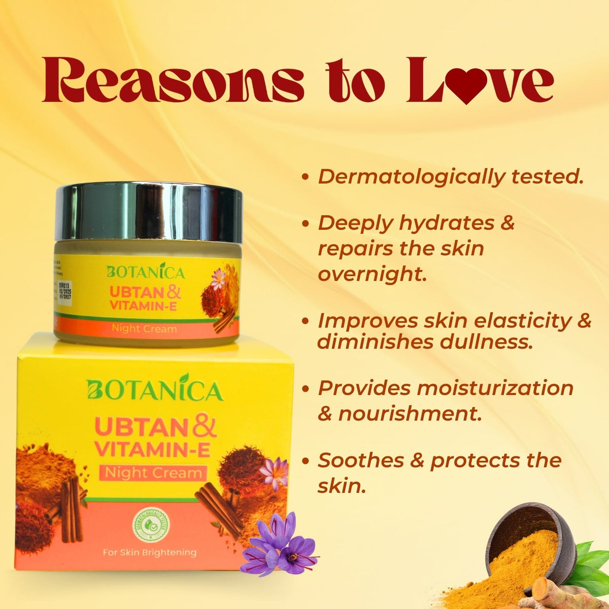 BOTANICA Ubtan & Vitamin E Night Cream - Lightweight, Skin Brightening Cream, Infused with Niacinamide and Sandalwood Extract