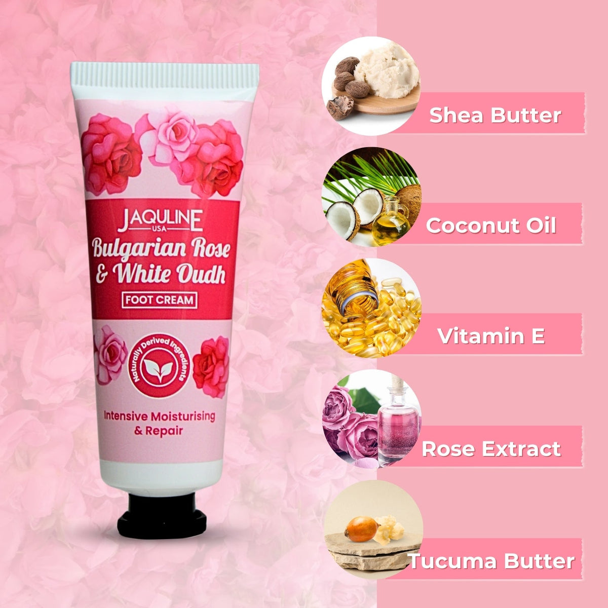 Jaquline USA Bulgarian Rose & White Oudh Foot cream- Provides Intensive Moisturization, heals cracked heels, makes feet soft 