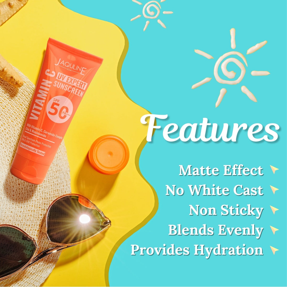 Jaquline USA Vitamin C UV Expert Sunscreen SPF 50- With Matte Effect, Provides Hydration, No white cast and non-sticky