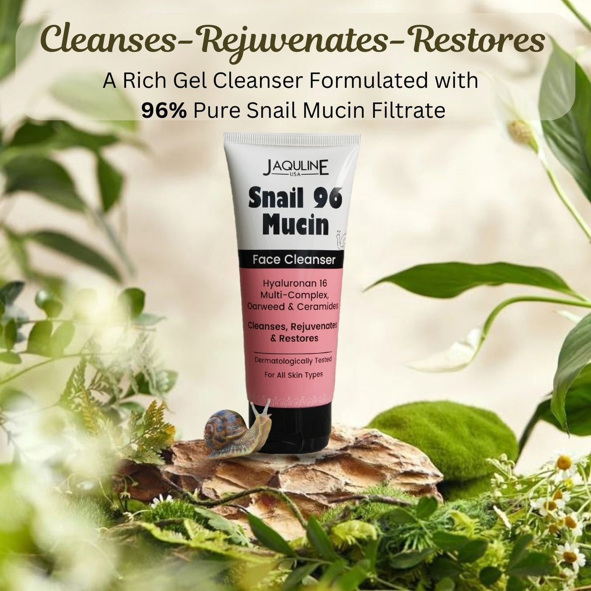 Jaquline USA Snail Mucin Face Cleanser 100ml, Non-Drying Formula, pH-Balanced, Long-Lasting Hydration, Deeply Cleanses Skin &