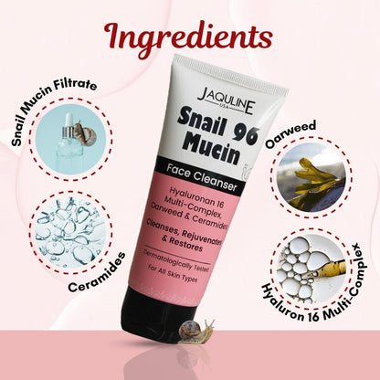 Jaquline USA Snail Mucin Face Cleanser 100ml, Non-Drying Formula, pH-Balanced, Long-Lasting Hydration, Deeply Cleanses Skin &