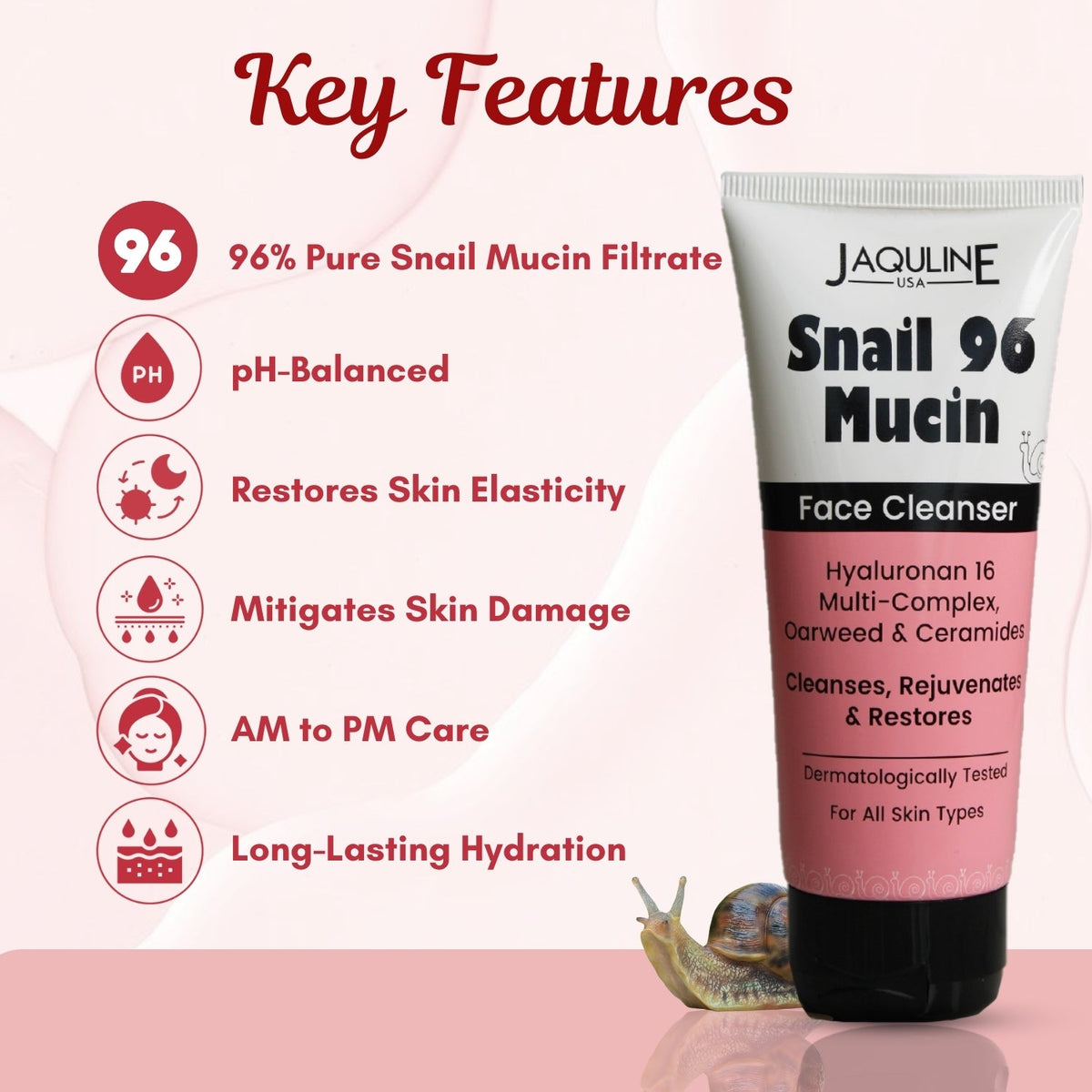 Jaquline USA Snail Mucin Face Cleanser 100ml, Non-Drying Formula, pH-Balanced, Long-Lasting Hydration, Deeply Cleanses Skin &