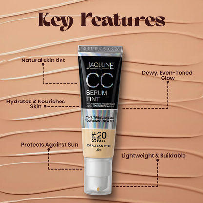 Jaquline USA CC Serum Tint 30g Hydrating Tinted Serum with SPF, Niacinamide & Hyaluronic Acid, Beige 01