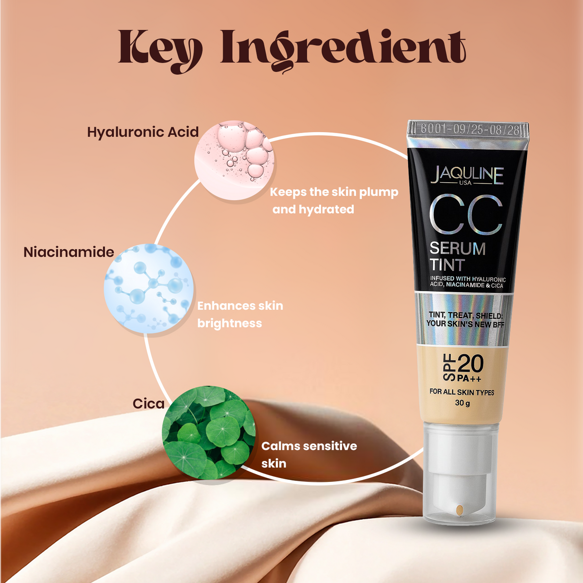 Jaquline USA CC Serum Tint 30g Hydrating Tinted Serum with SPF, Niacinamide & Hyaluronic Acid, Beige 01