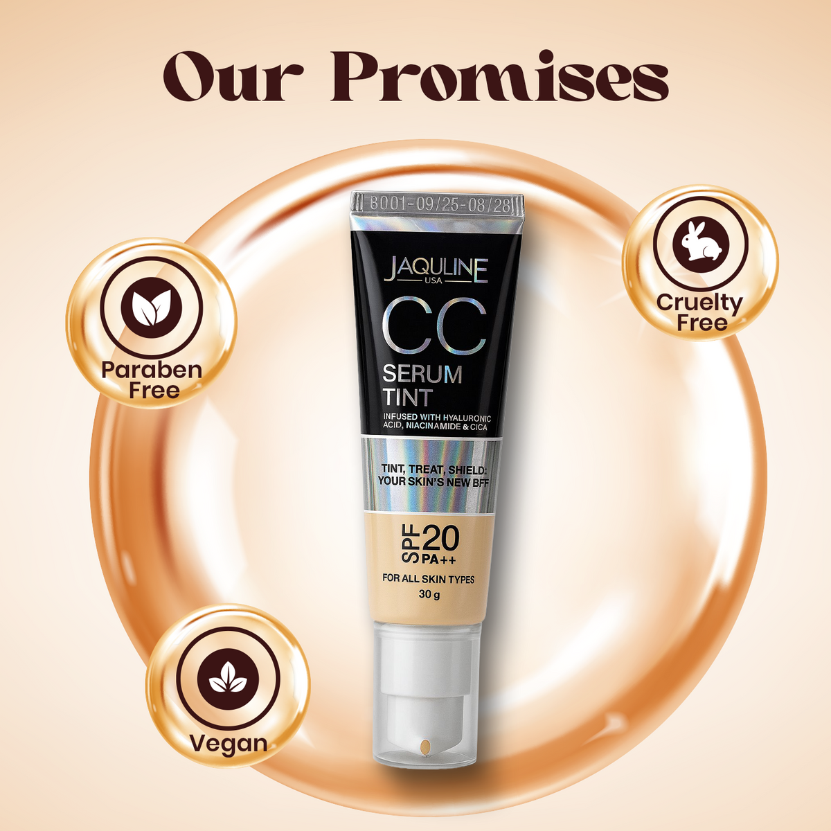 Jaquline USA CC Serum Tint 30g Hydrating Tinted Serum with SPF, Niacinamide & Hyaluronic Acid, Beige 01