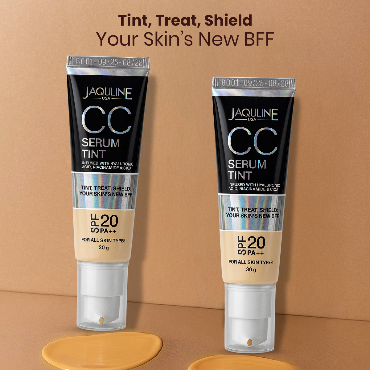 Jaquline USA CC Serum Tint 30g Hydrating Tinted Serum with SPF, Niacinamide & Hyaluronic Acid, Beige 01