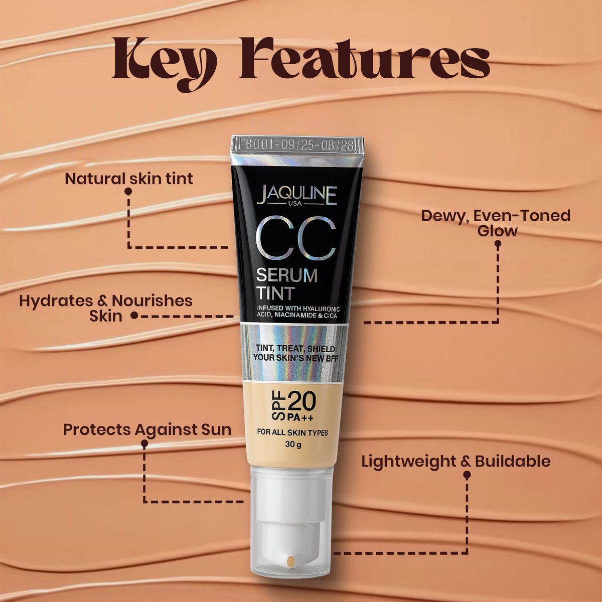 Jaquline USA CC Serum Tint 30g Hydrating Tinted Serum with SPF, Niacinamide & Hyaluronic Acid, Honey 02