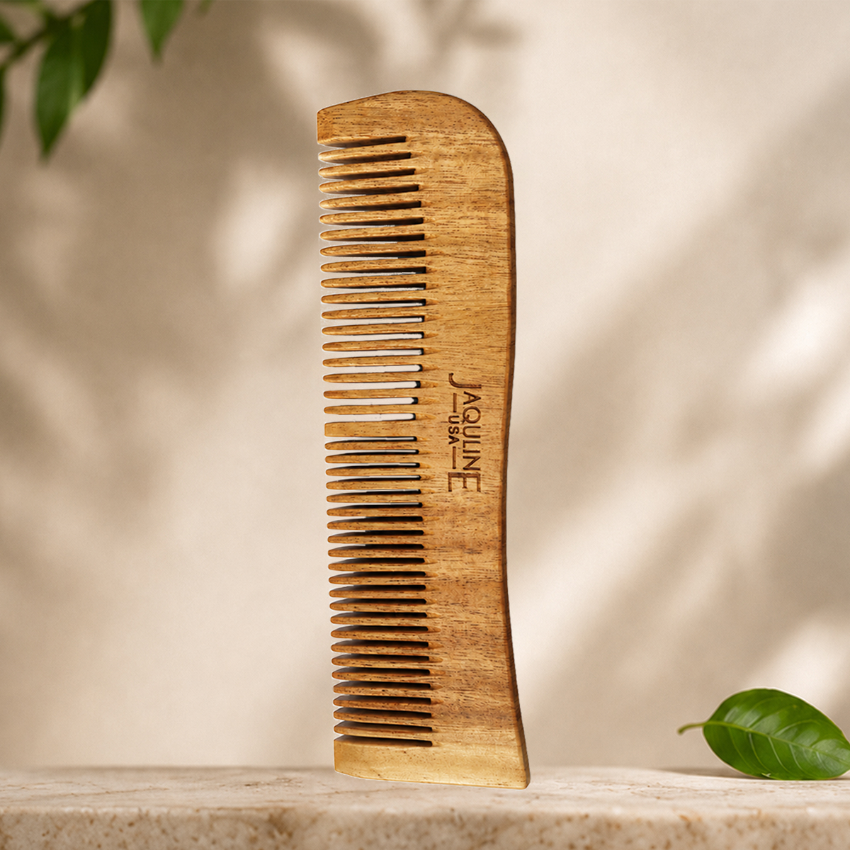 JAQULINE USA Neem Wood 2 in 1 Hair Comb Dual Tooth Wide & Fine Tooth Wooden Comb for Detangling Hair Growth Anti Dandruff Sca