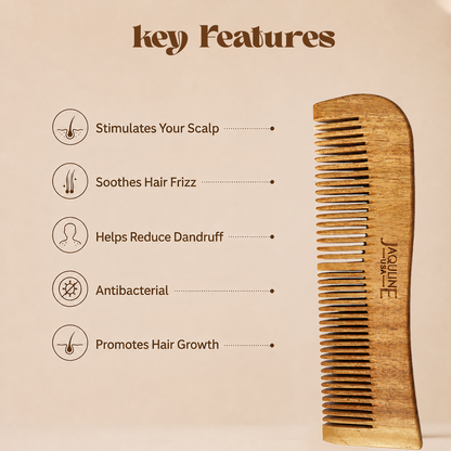 JAQULINE USA Neem Wood 2 in 1 Hair Comb Dual Tooth Wide & Fine Tooth Wooden Comb for Detangling Hair Growth Anti Dandruff Sca