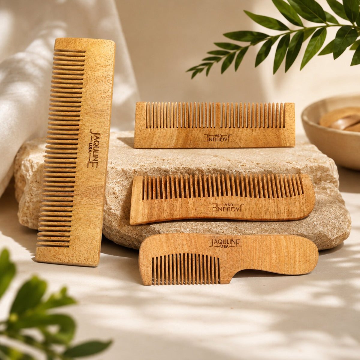 JAQULINE USA Neem Wood Dual Tooth Hair Comb Wide & Fine Tooth Wooden Comb for Hair Growth Anti Dandruff Scalp Massage Detangl