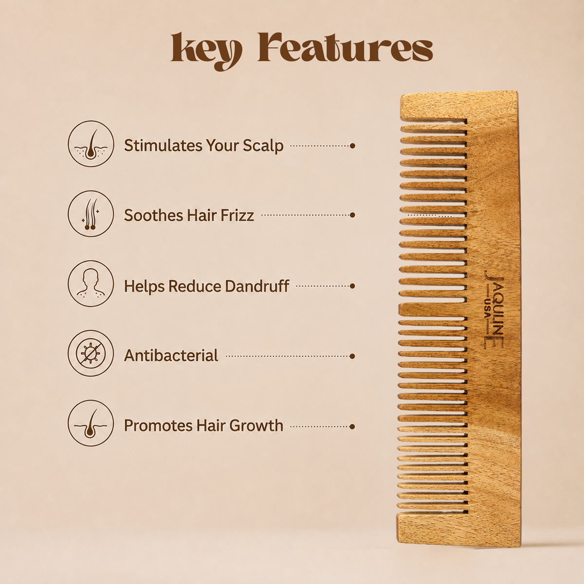JAQULINE USA Neem Wood Dual Tooth Hair Comb Wide & Fine Tooth Wooden Comb for Hair Growth Anti Dandruff Scalp Massage Detangl