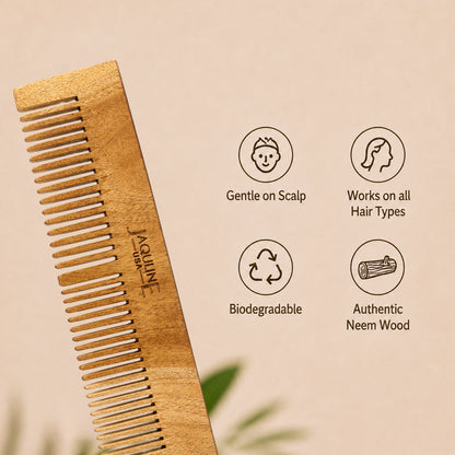 JAQULINE USA Neem Wood Dual Tooth Hair Comb Wide & Fine Tooth Wooden Comb for Hair Growth Anti Dandruff Scalp Massage Detangl
