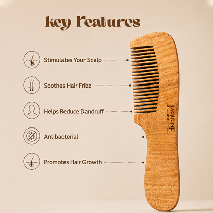 JAQULINE USA Neem Wood Hair Comb with Handle Wooden Comb for Hair Growth Anti Dandruff Scalp Massage Frizz Control Detangling