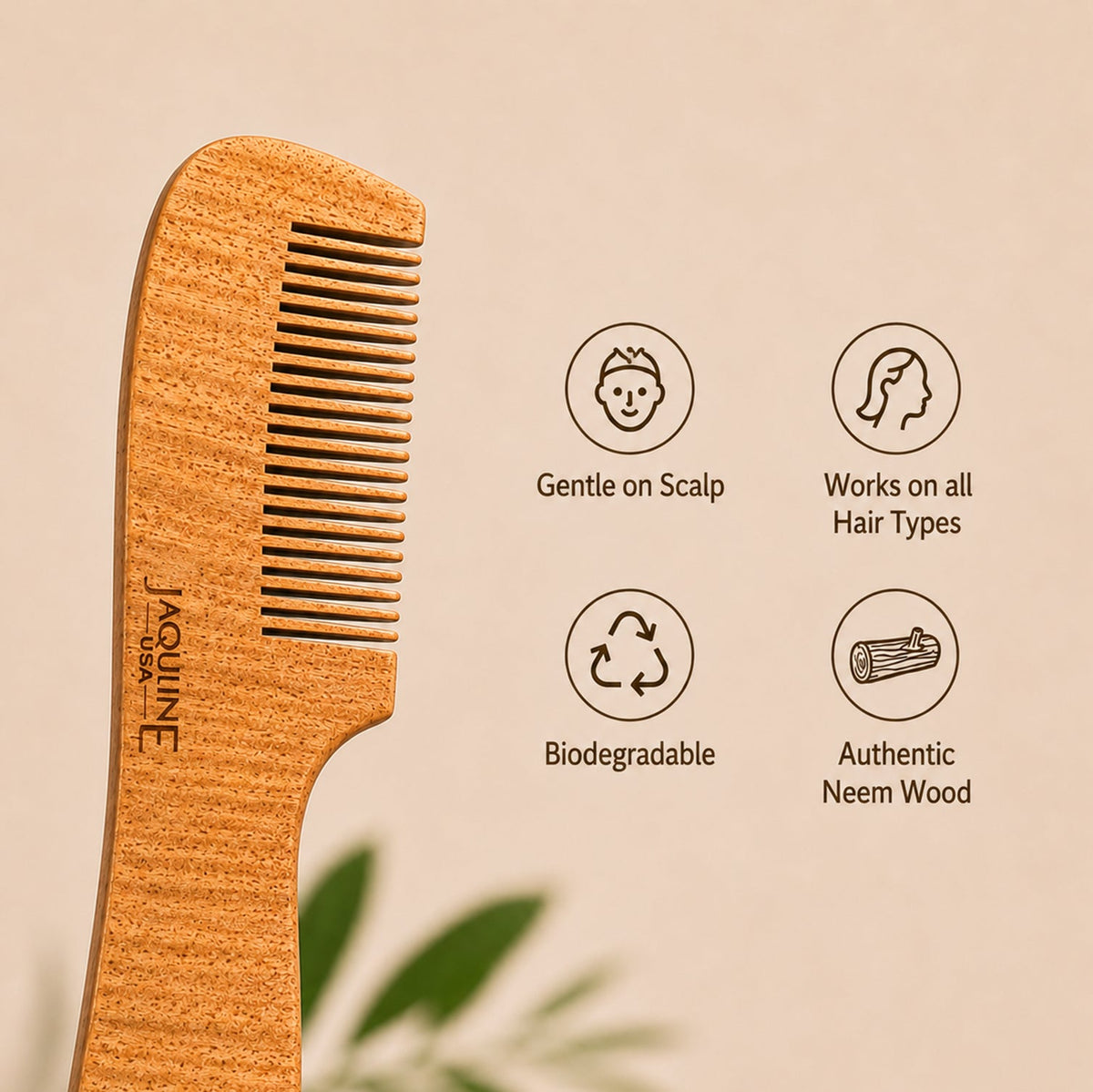 JAQULINE USA Neem Wood Hair Comb with Handle Wooden Comb for Hair Growth Anti Dandruff Scalp Massage Frizz Control Detangling