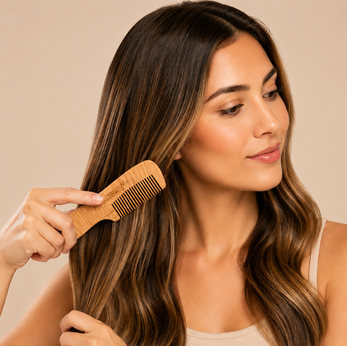 JAQULINE USA Neem Wood Hair Comb with Handle Wooden Comb for Hair Growth Anti Dandruff Scalp Massage Frizz Control Detangling