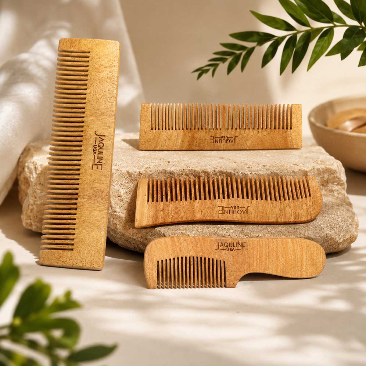 JAQULINE USA Neem Wood Hair Comb with Handle Wooden Comb for Hair Growth Anti Dandruff Scalp Massage Frizz Control Detangling