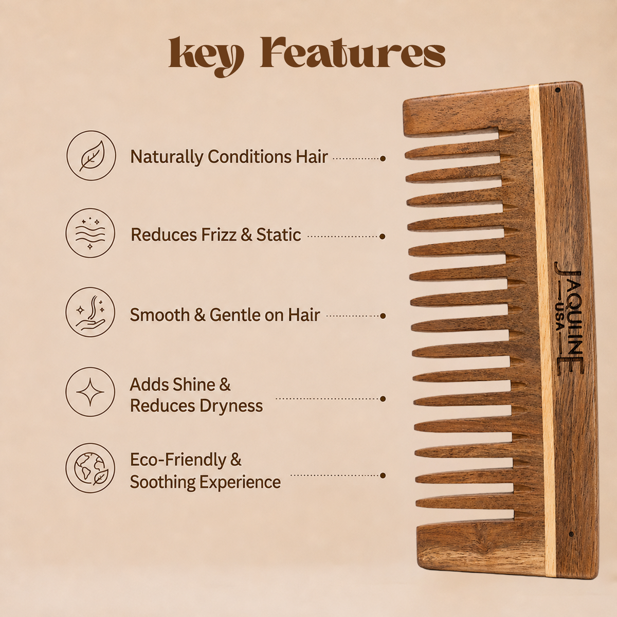 JAQULINE USA Rosewood Wooden Wide Tooth Shampoo Comb for Curly Thick Hair, Anti Frizz Scalp Massage Detangling Tool