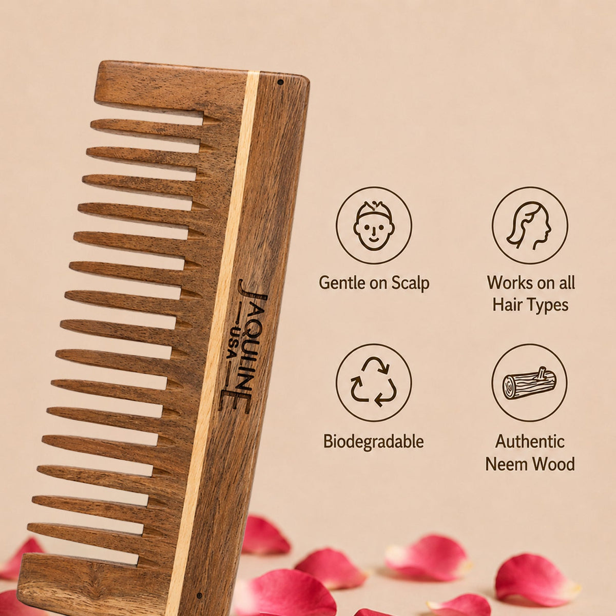 JAQULINE USA Rosewood Wooden Wide Tooth Shampoo Comb for Curly Thick Hair, Anti Frizz Scalp Massage Detangling Tool