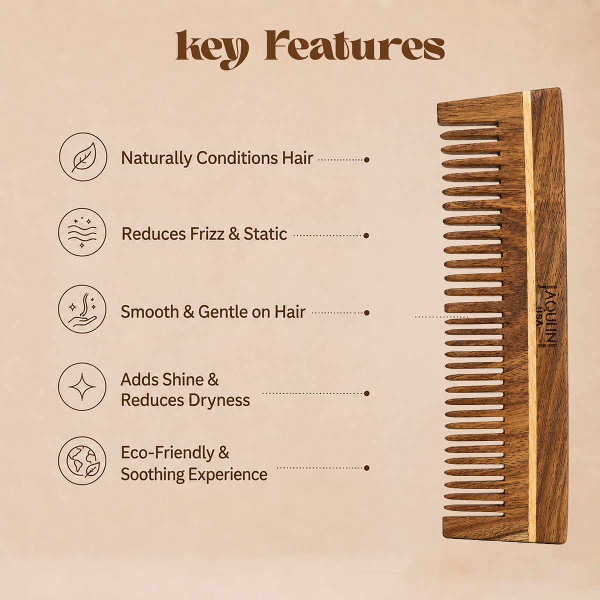 JAQULINE USA Rosewood Wooden Dual Tooth Comb Teeth Detangling Styling Comb Anti Frizz Scalp Massage Natural Grooming Tool for