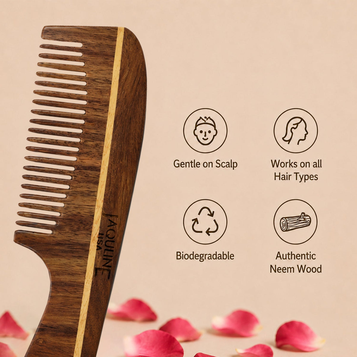 JAQULINE USA Rosewood Wooden Handle Comb Detangling Hair Comb Anti Frizz Scalp Massage Easy Grip Styling Tool Natural Wooden 