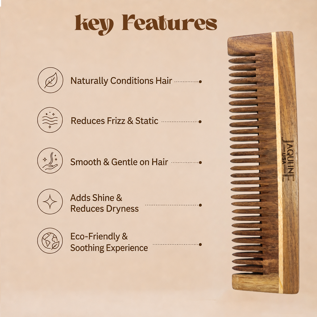 JAQULINE USA Rosewood Wooden Grooming Comb Anti Frizz Detangling Comb Smooth Teeth Scalp Massage Natural Hair Care Tool for M