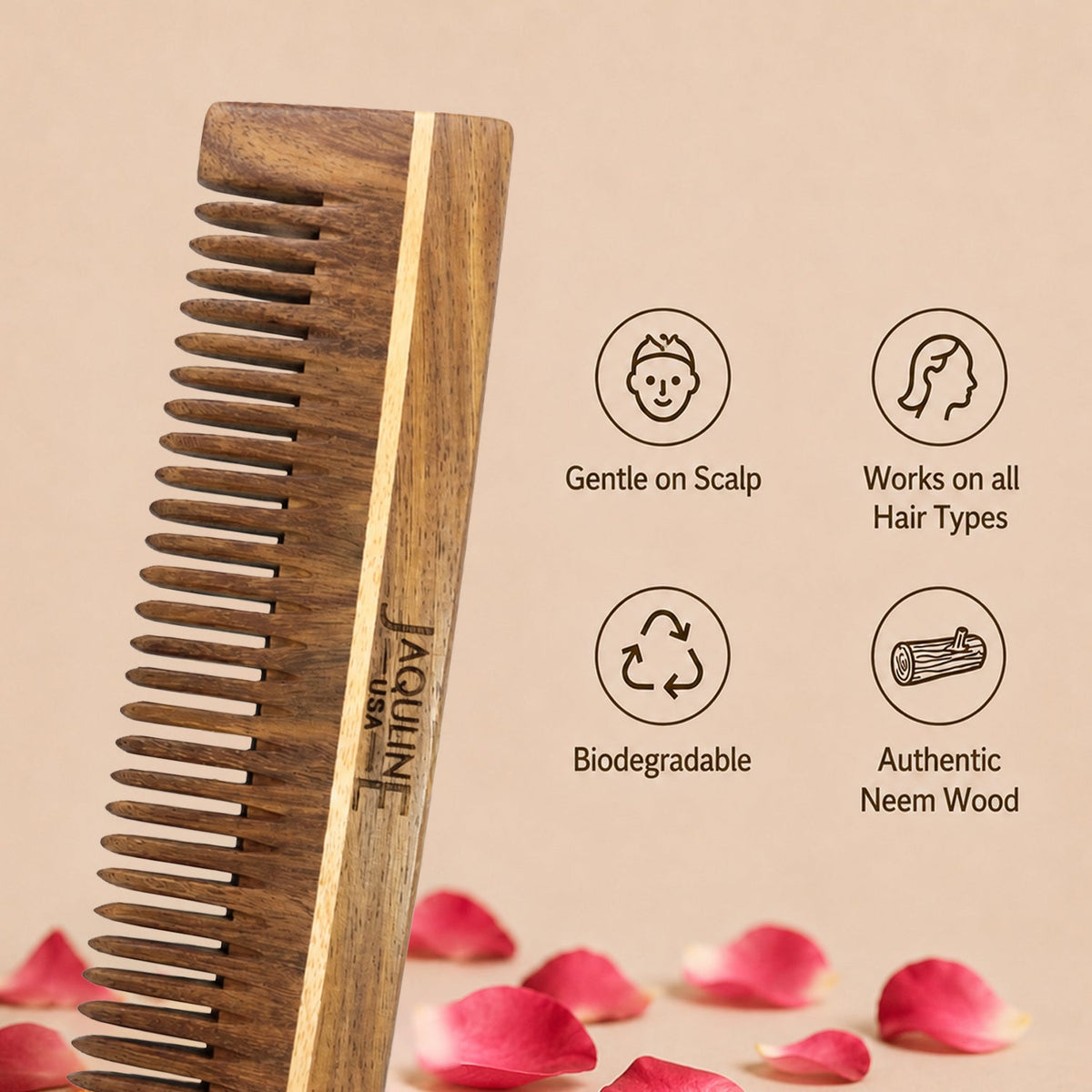 JAQULINE USA Rosewood Wooden Grooming Comb Anti Frizz Detangling Comb Smooth Teeth Scalp Massage Natural Hair Care Tool for M